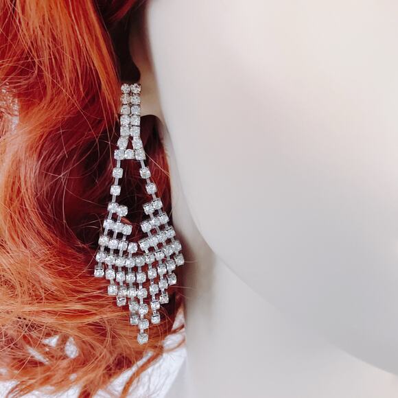 Silver Tone Rhinestone Waterfall Chandelier Earrings Cocktail Evening Jewelry - Picture 2 of 12